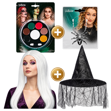 4-Piece Glam Witch Costume Set – Hat, White Wig, Spider Necklace and Halloween Make-up