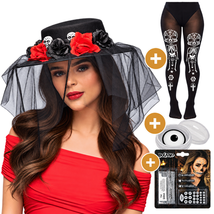 Dia de los Muertos 4-Piece Pack – Hat, Skeleton Tights, Make-up and Halloween Contact Lenses