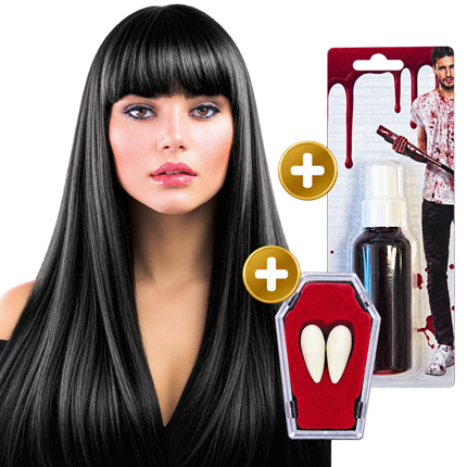 3-Piece Vampire Express Set – Black Wig, Fangs and Fake Blood for Halloween