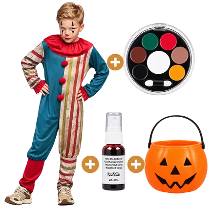Pack de payaso malvado para niños de 7 a 9 años: disfraz, maquillaje, sangre falsa y cubo de Halloween
