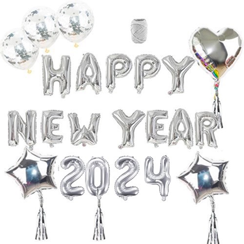 Kit HAPPY NEW YEAR Argent (35 pièces) : Ballons Nouvel An - Sparklers Club