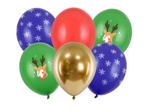 Lot de 6 ballons Noël imprimés - Flocon/Vert/Rouge/Or - 30cm