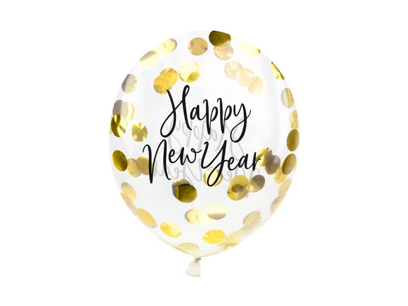 Ballon transparent confettis Or Happy New Year (3 pièces)