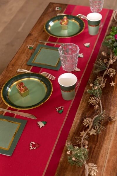 Chemin de table en coton "Noël chic" - Rouge/Or - 2.5m*28cm