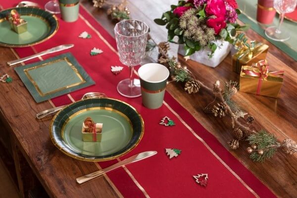 Chemin de table en coton "Noël chic" - Rouge/Or - 2.5m*28cm