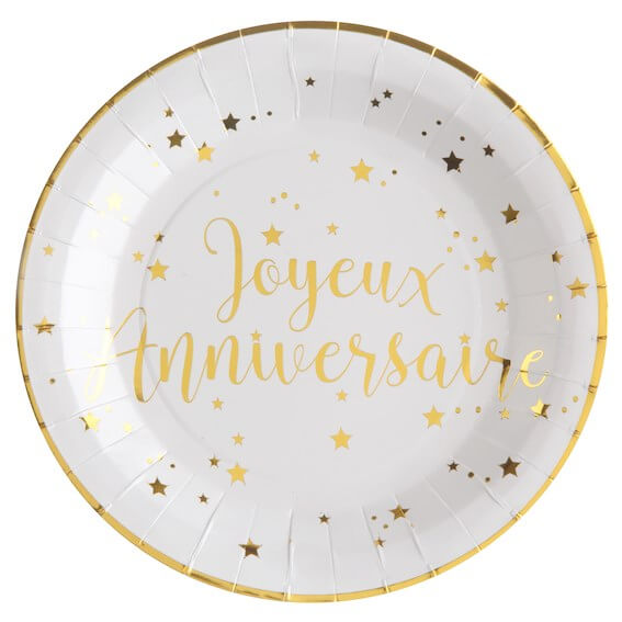 Assiette Joyeux Anniversaire Or/Blanc (lot de 10)