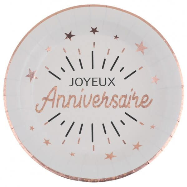 Assiette Joyeux Anniversaire Or Rose (lot de 10)