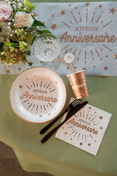 Assiette Joyeux Anniversaire Or Rose (lot de 10)