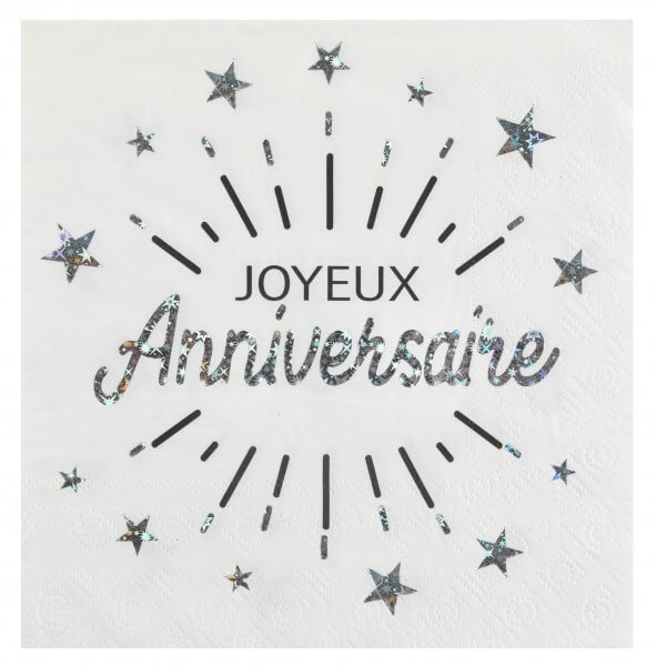 Serviette Joyeux Anniversaire Blanc/Argent (lot de 10)