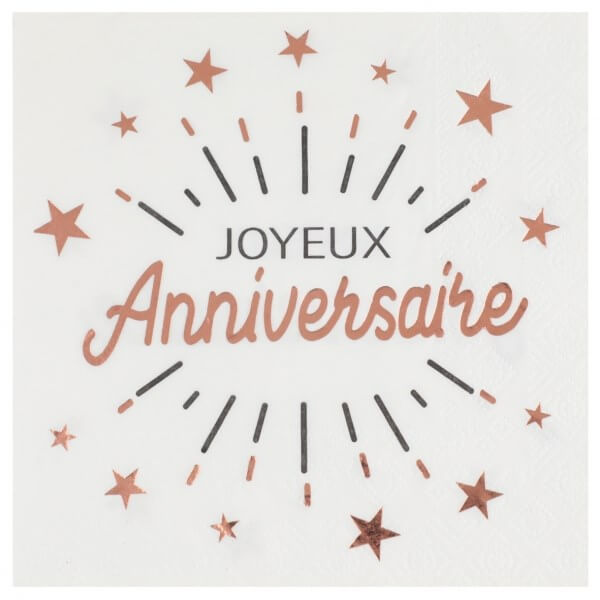 Serviette Joyeux Anniversaire Blanc/Or Rose (lot de 10)