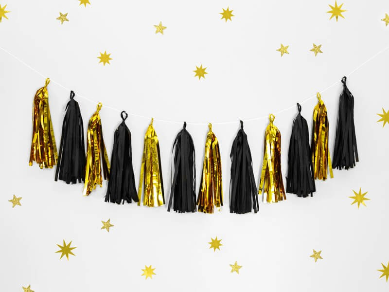 Guirlande tassel Or et Noir 12 pompons 