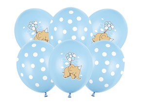 Lot de 6 Ballons bleus - Pois Blanc/Éléphant - 30cm