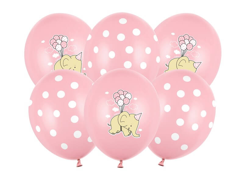 Lot de 6 Ballons Rose Pastel - Pois Blanc/Éléphant - 30cm