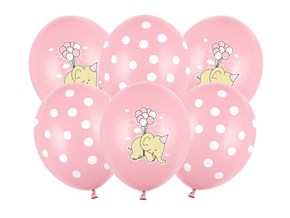 Lot de 6 Ballons Rose Pastel - Pois Blanc/Éléphant - 30cm