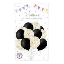 Lot de 6 Ballons Confettis métal Or & 6 ballons noirs - 30cm