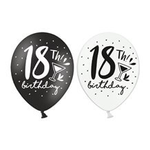 Ballons BIRTHDAY 18th Noirs & Blancs (Lot de 6)