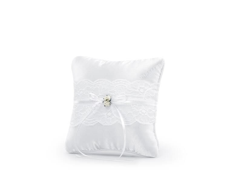 Coussin porte alliances blanc avec dentelle et roses blanche