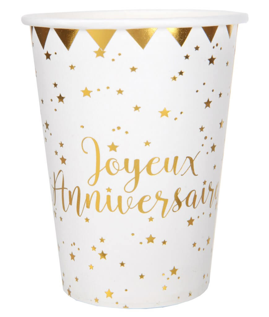 Gobelet Joyeux Anniversaire Or/Blanc (lot de 10)